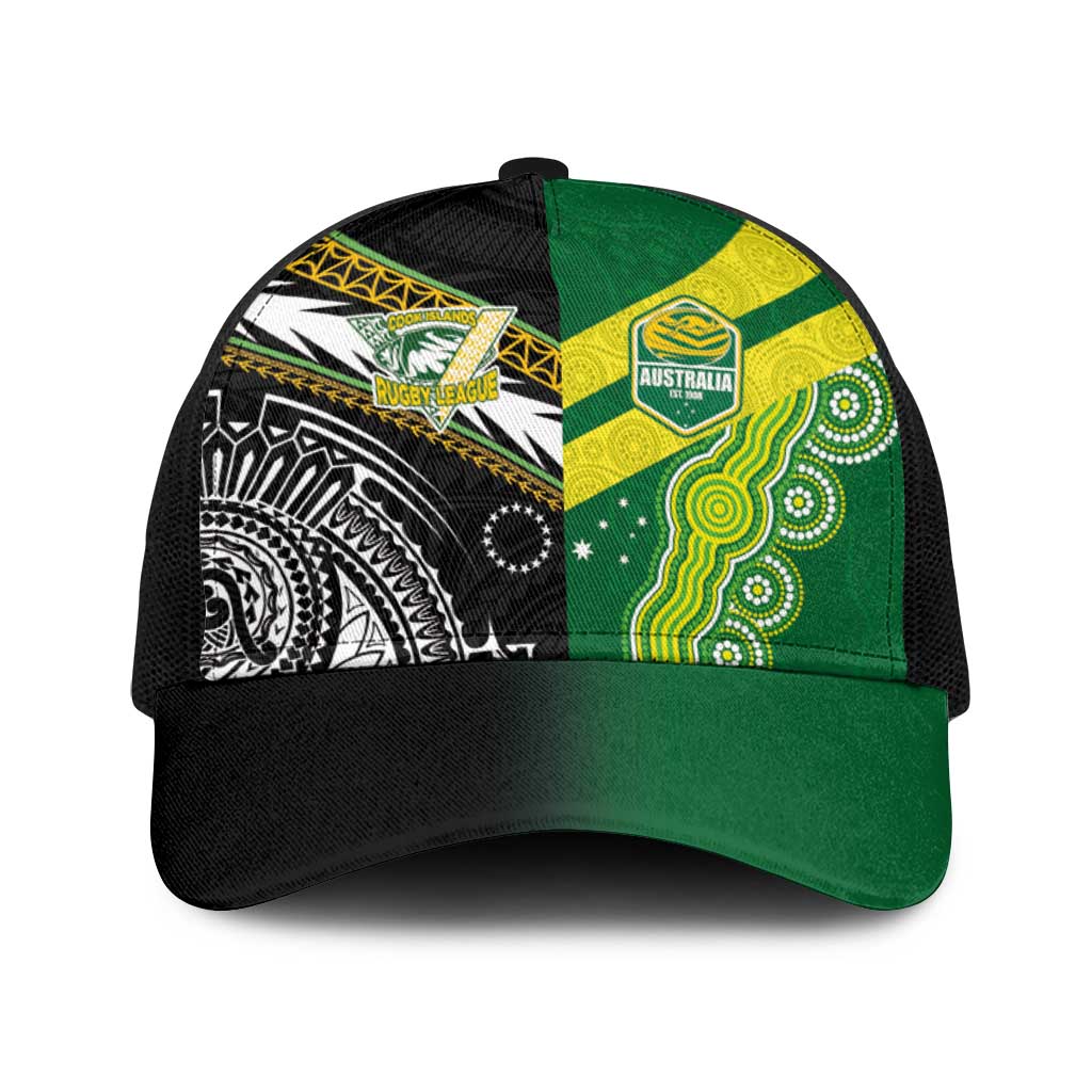 Cook Islands and Australia Rugby Baseball Net Cap Tatau Tribal with Aboriginal Chevron Sport Style LT03 One Size Black Multicolor - Polynesian Pride