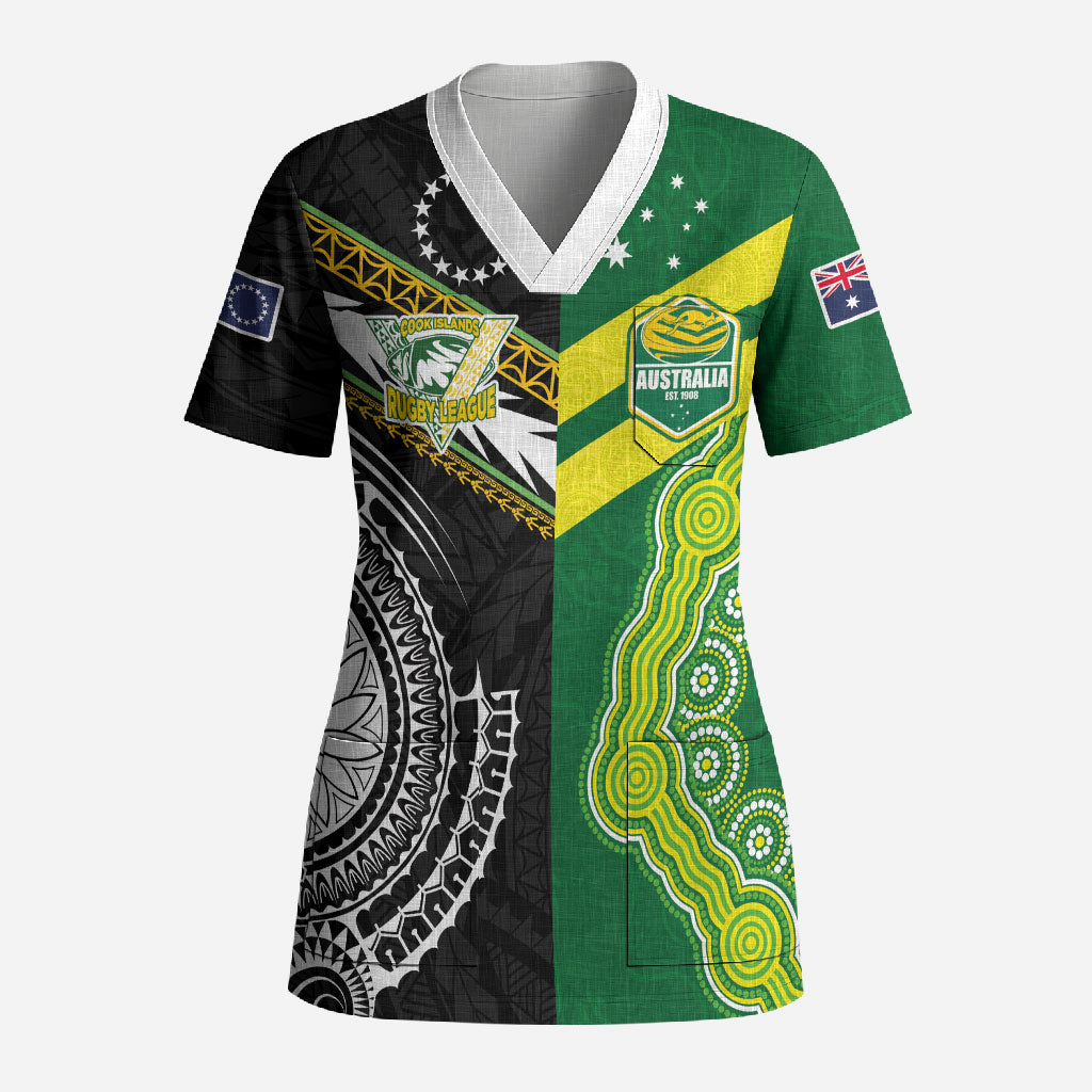 Custom Rugby Cook Islands and Australia Scrub Top Tatau Tribal with Aboriginal Chevron Sport Style LT03 Adult Multicolor - Polynesian Pride