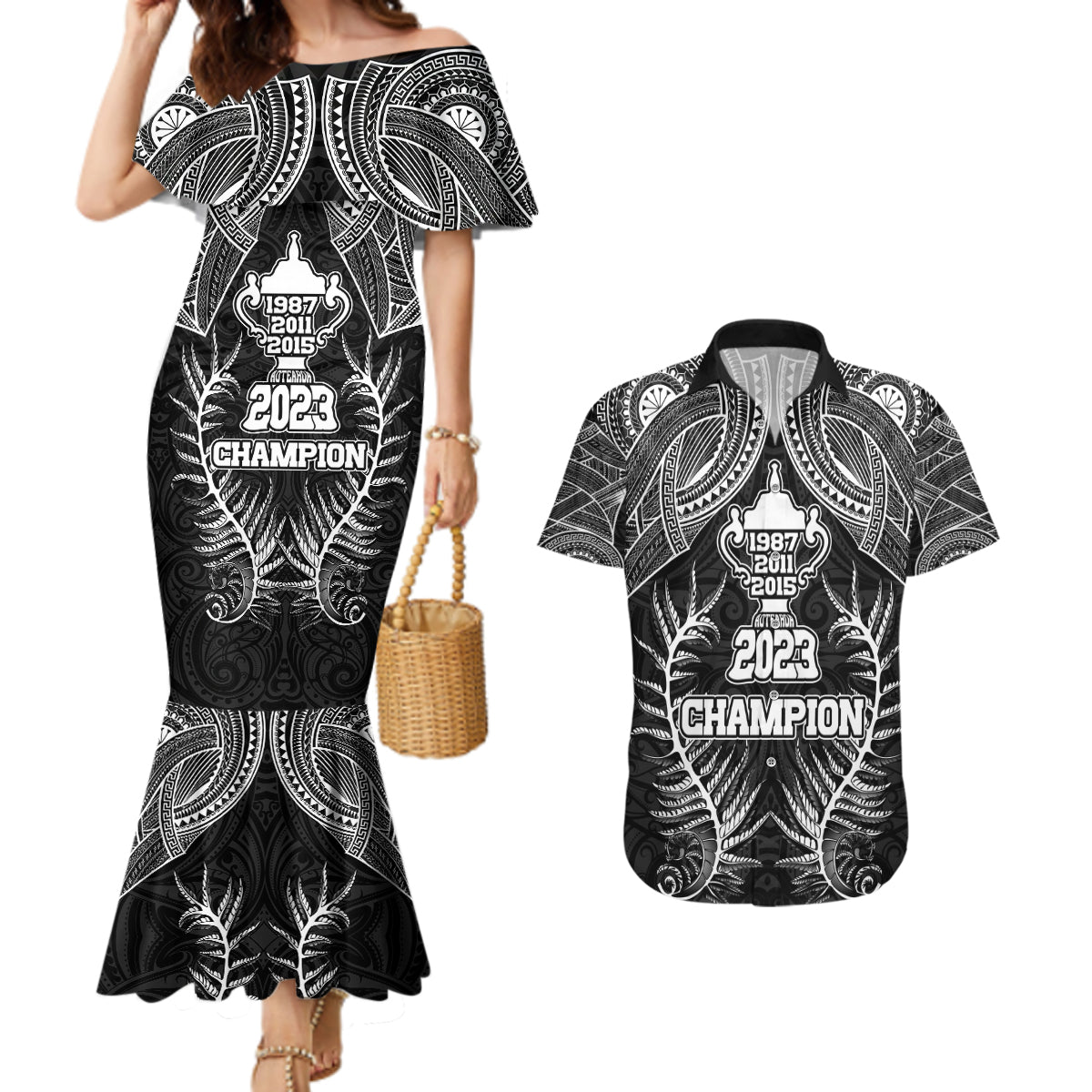 New Zealand Rugby Couples Matching Mermaid Dress and Hawaiian Shirt Aotearoa Champion Cup History with Silver Fern LT03 Black - Polynesian Pride