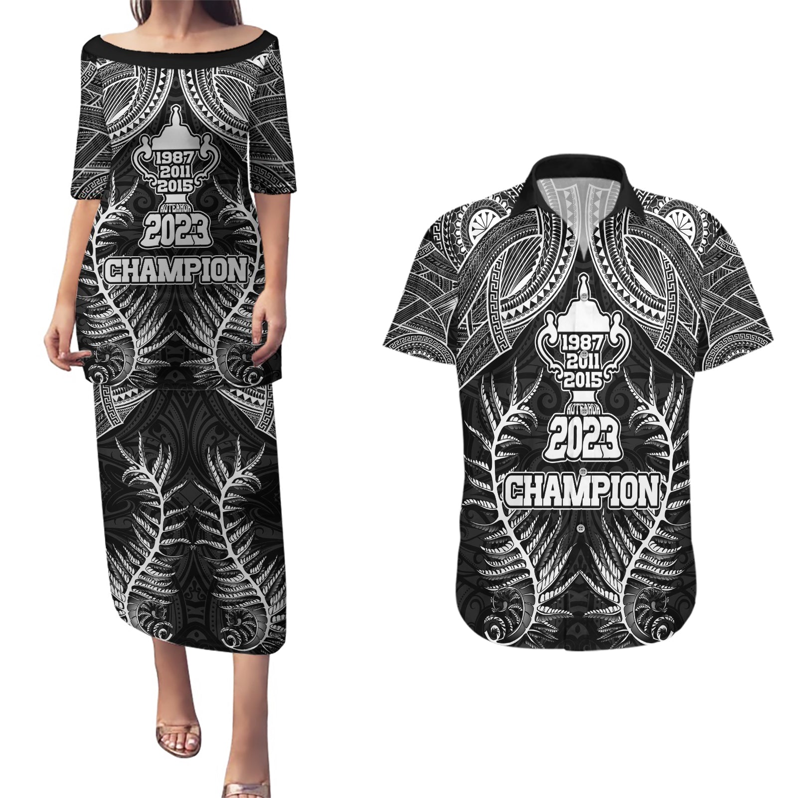 New Zealand Rugby Couples Matching Puletasi Dress and Hawaiian Shirt Aotearoa Champion Cup History with Silver Fern LT03 Black - Polynesian Pride