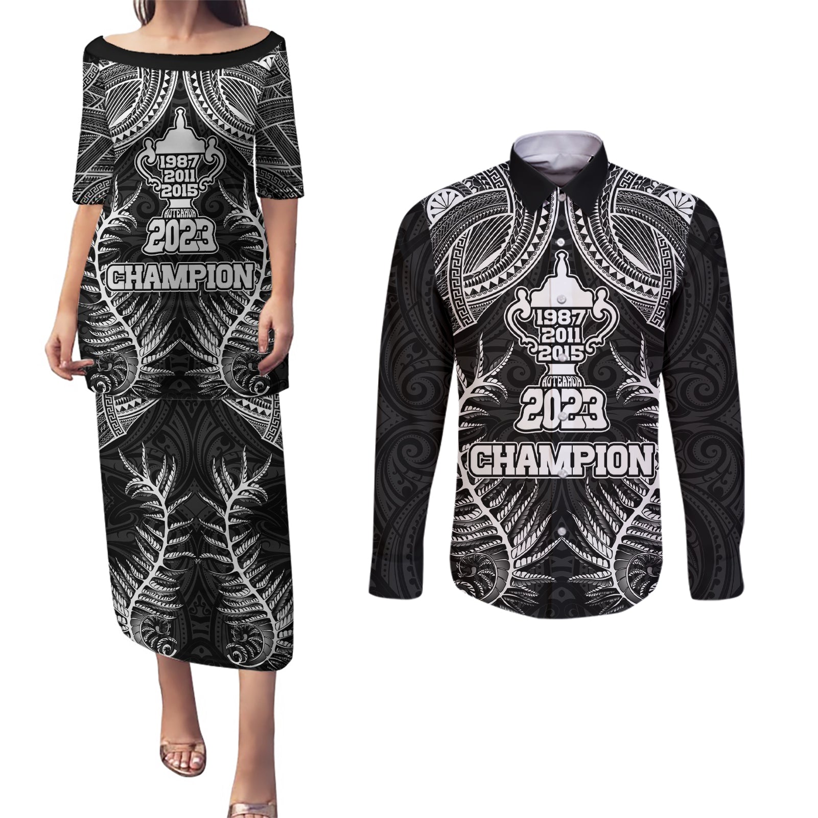 New Zealand Rugby Couples Matching Puletasi Dress and Long Sleeve Button Shirt Aotearoa Champion Cup History with Silver Fern LT03 Black - Polynesian Pride