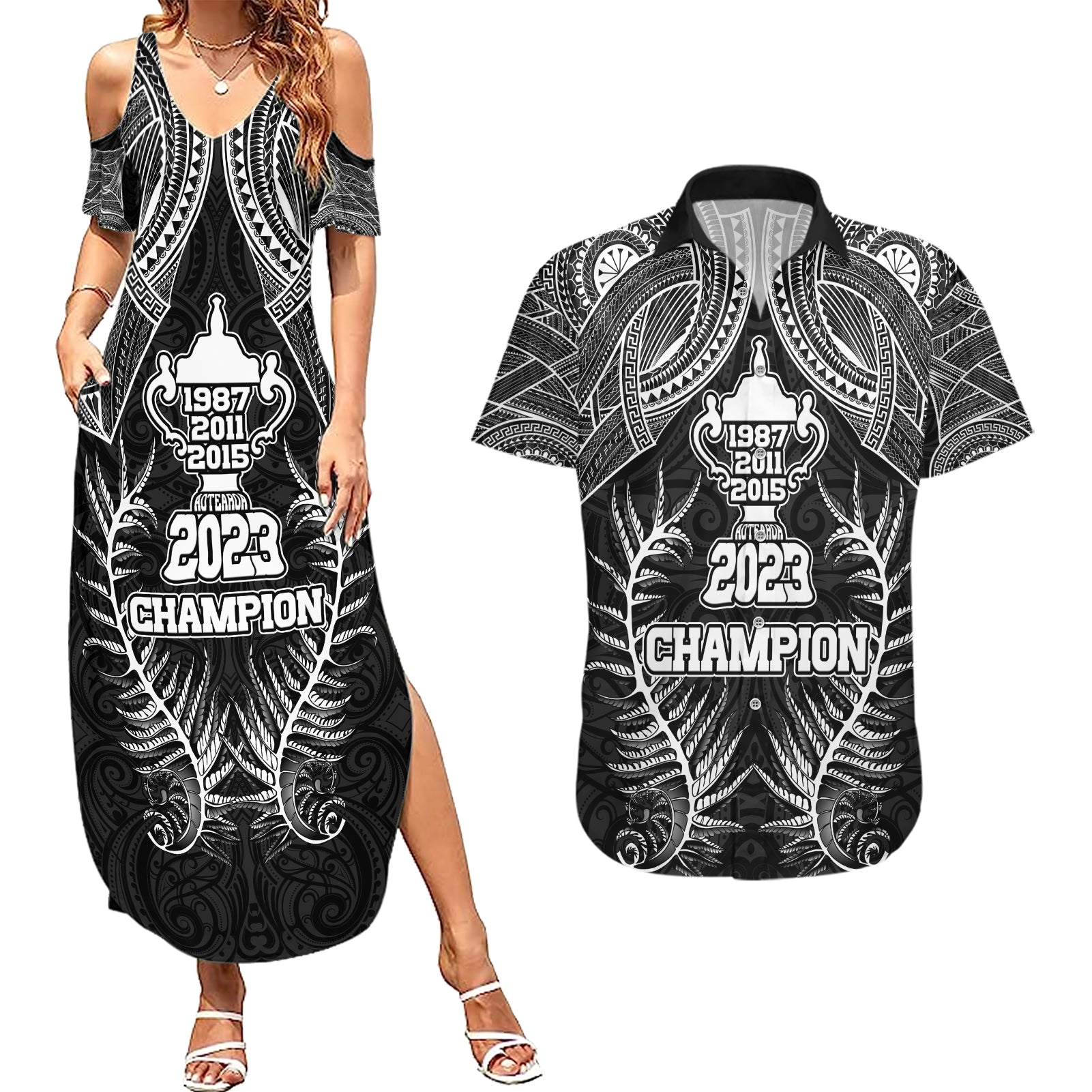 New Zealand Rugby Couples Matching Summer Maxi Dress and Hawaiian Shirt Aotearoa Champion Cup History with Silver Fern LT03 Black - Polynesian Pride