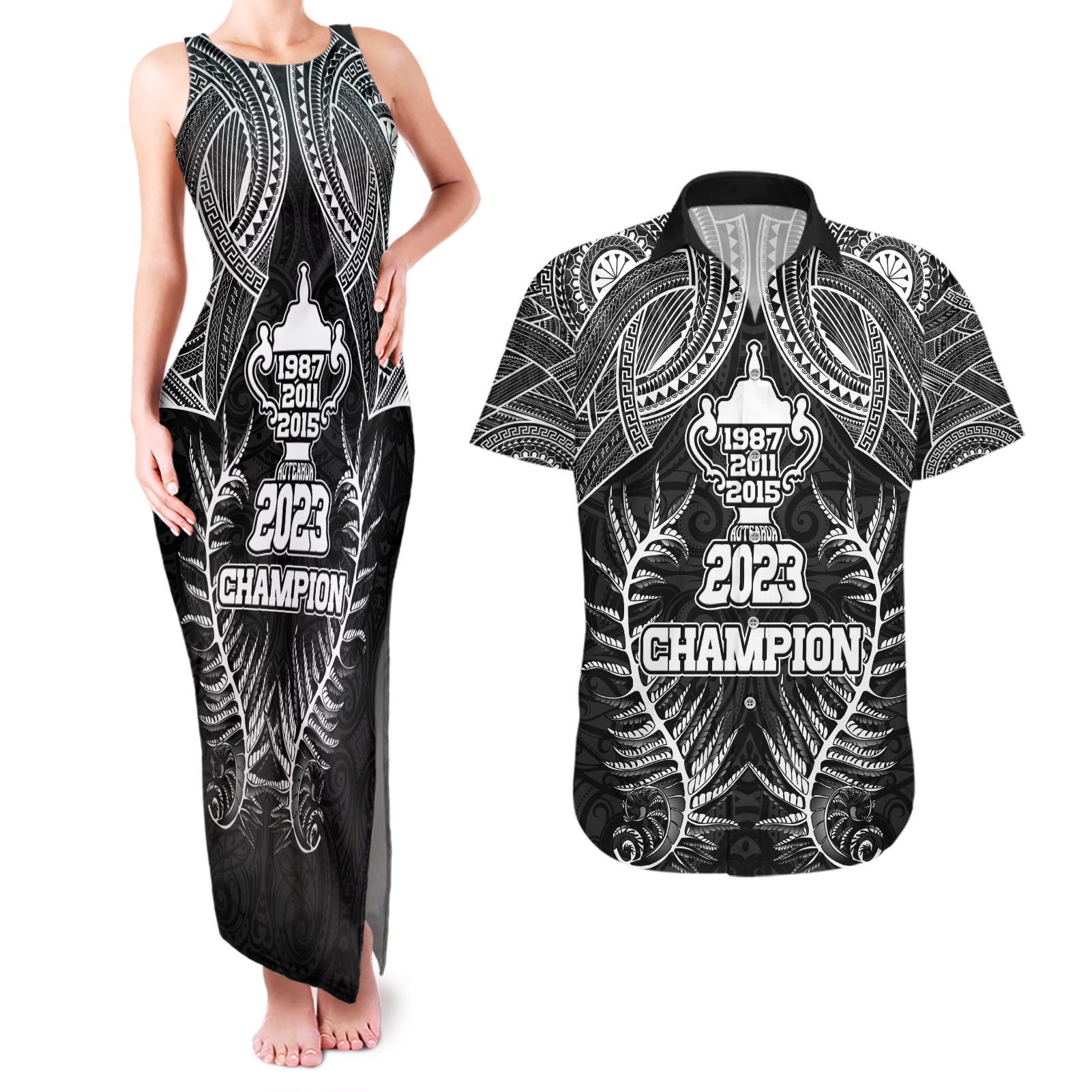 New Zealand Rugby Couples Matching Tank Maxi Dress and Hawaiian Shirt Aotearoa Champion Cup History with Silver Fern LT03 Black - Polynesian Pride