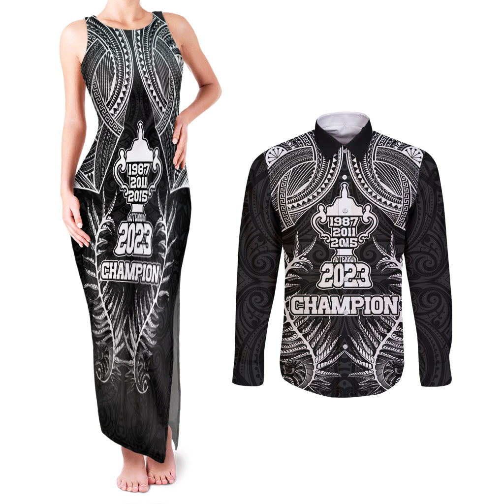 New Zealand Rugby Couples Matching Tank Maxi Dress and Long Sleeve Button Shirt Aotearoa Champion Cup History with Silver Fern LT03 Black - Polynesian Pride