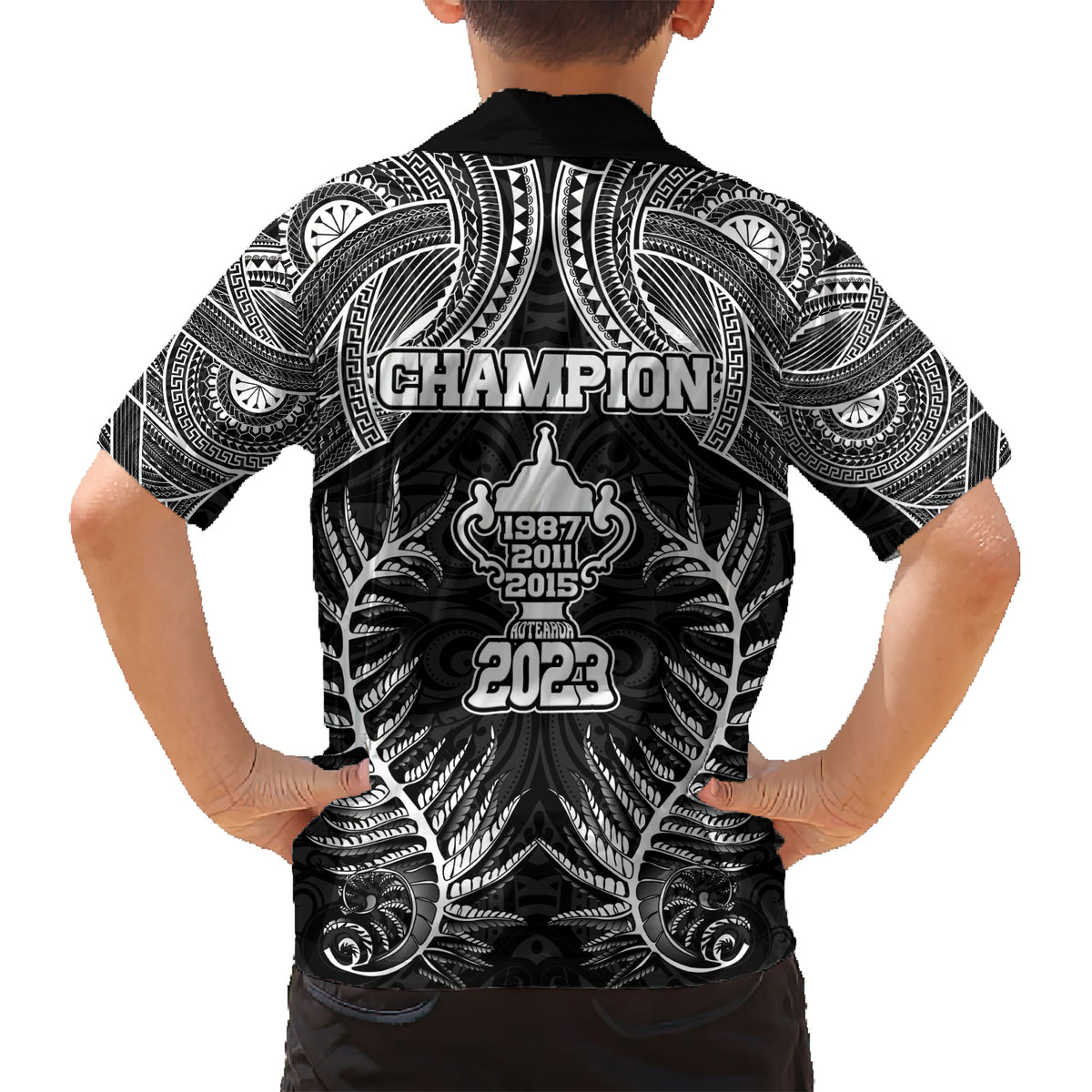 New Zealand Rugby Family Matching Short Sleeve Bodycon Dress and Hawaiian Shirt Aotearoa Champion Cup History with Silver Fern LT03 - Polynesian Pride
