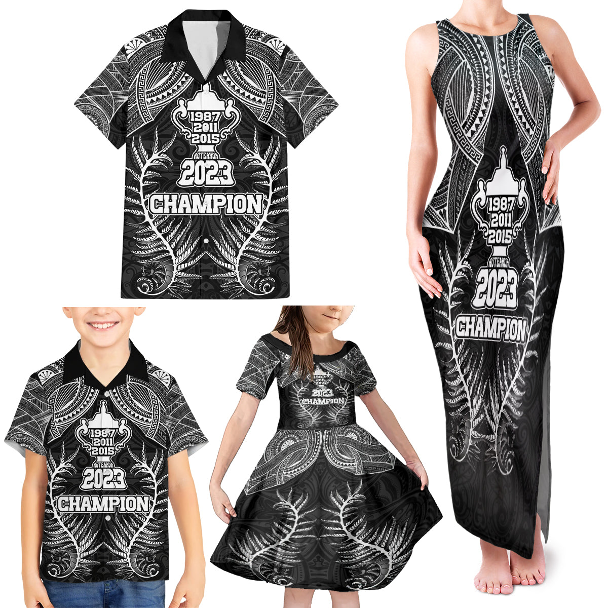 New Zealand Rugby Family Matching Tank Maxi Dress and Hawaiian Shirt Aotearoa Champion Cup History with Silver Fern LT03 - Polynesian Pride