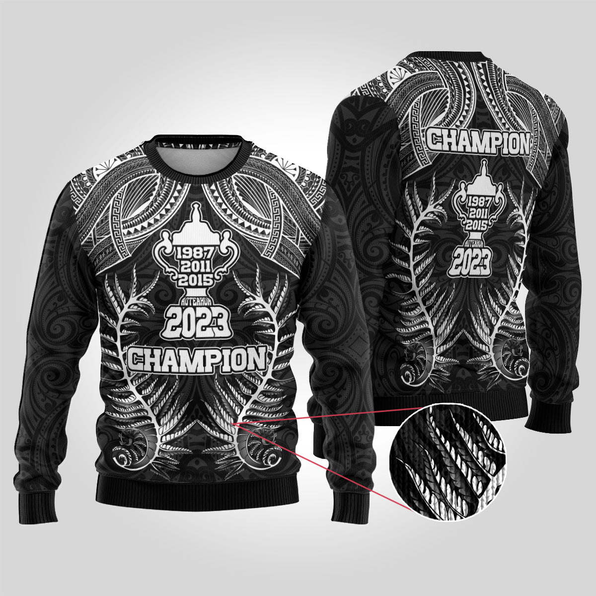 New Zealand Rugby Ugly Christmas Sweater Aotearoa Champion Cup History with Silver Fern LT03 Black - Polynesian Pride