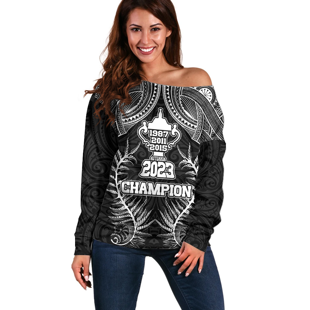 New Zealand Rugby Off Shoulder Sweater Aotearoa Champion Cup History with Silver Fern LT03 Women Black - Polynesian Pride