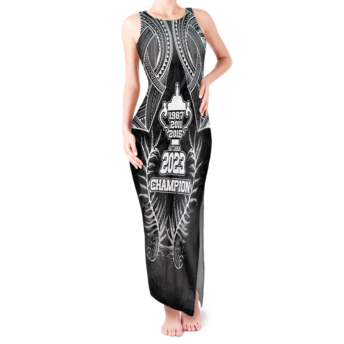 New Zealand Rugby Tank Maxi Dress Aotearoa Champion Cup History with Silver Fern LT03 Women Black - Polynesian Pride