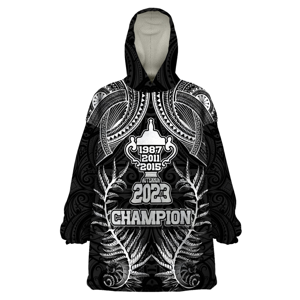 New Zealand Rugby Wearable Blanket Hoodie Aotearoa Champion Cup History with Silver Fern LT03 One Size Black - Polynesian Pride