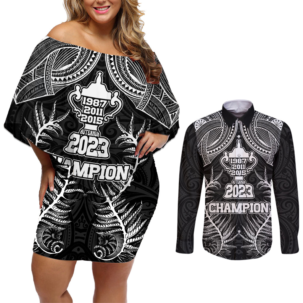 Custom New Zealand Rugby Couples Matching Off Shoulder Short Dress and Long Sleeve Button Shirt Aotearoa Champion Cup History with Silver Fern LT03 Black - Polynesian Pride