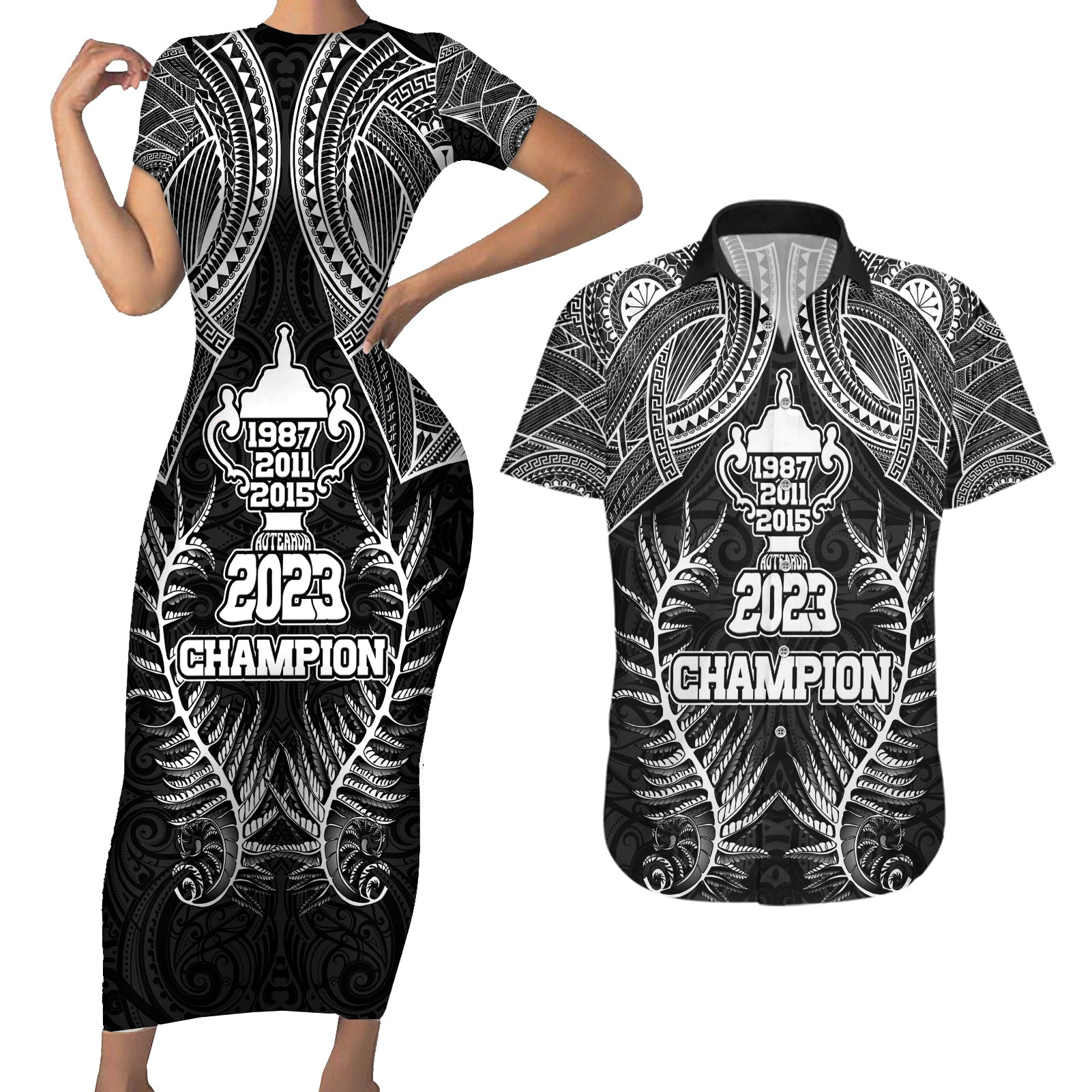 Custom New Zealand Rugby Couples Matching Short Sleeve Bodycon Dress and Hawaiian Shirt Aotearoa Champion Cup History with Silver Fern LT03 Black - Polynesian Pride