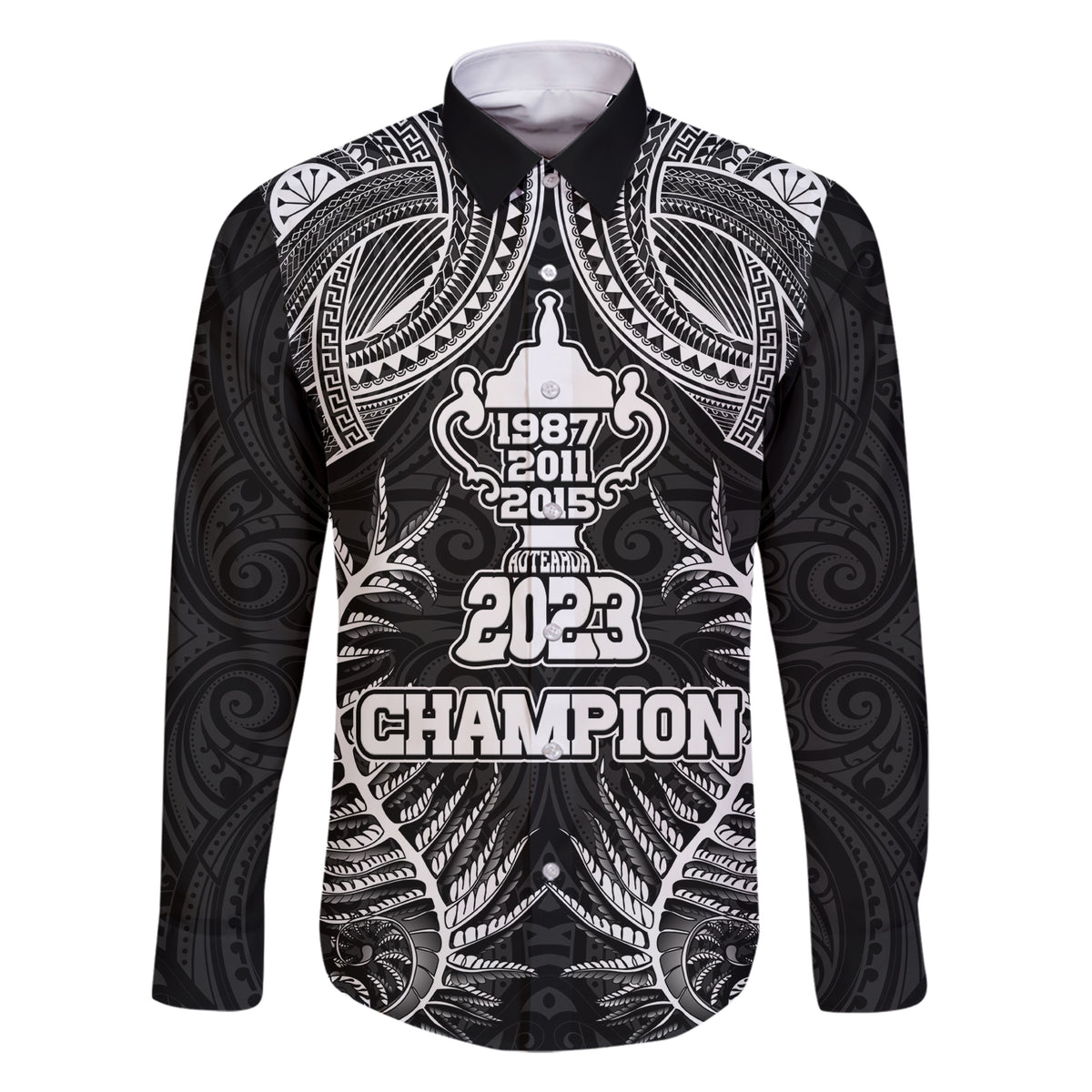 Custom New Zealand Rugby Family Matching Short Sleeve Bodycon Dress and Hawaiian Shirt Aotearoa Champion Cup History with Silver Fern LT03 Dad's Shirt - Long Sleeve Black - Polynesian Pride