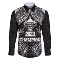 Custom New Zealand Rugby Family Matching Short Sleeve Bodycon Dress and Hawaiian Shirt Aotearoa Champion Cup History with Silver Fern LT03 Dad's Shirt - Long Sleeve Black - Polynesian Pride