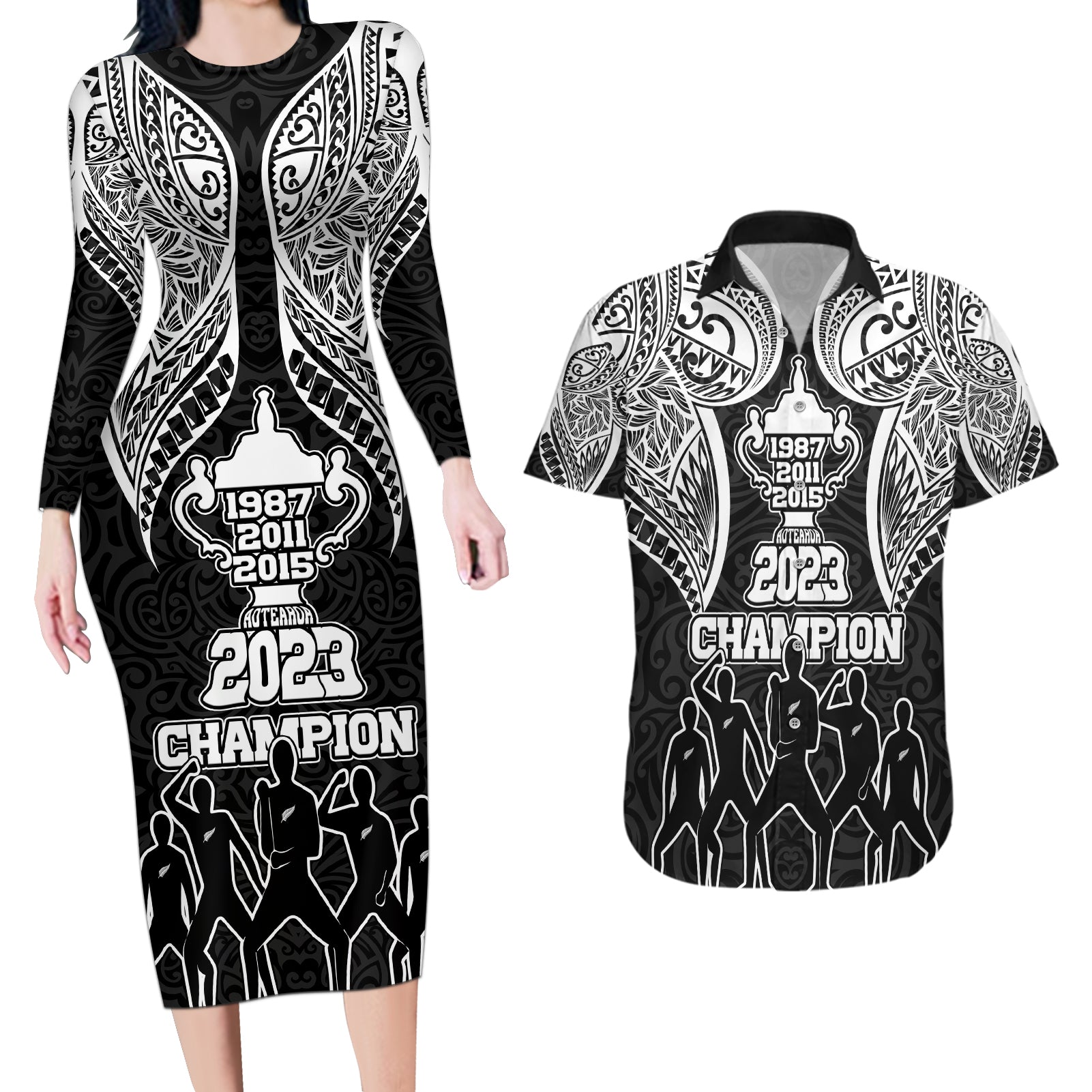 New Zealand Rugby Couples Matching Long Sleeve Bodycon Dress and Hawaiian Shirt Aotearoa Champion Cup History with Haka Dance LT03 Black - Polynesian Pride