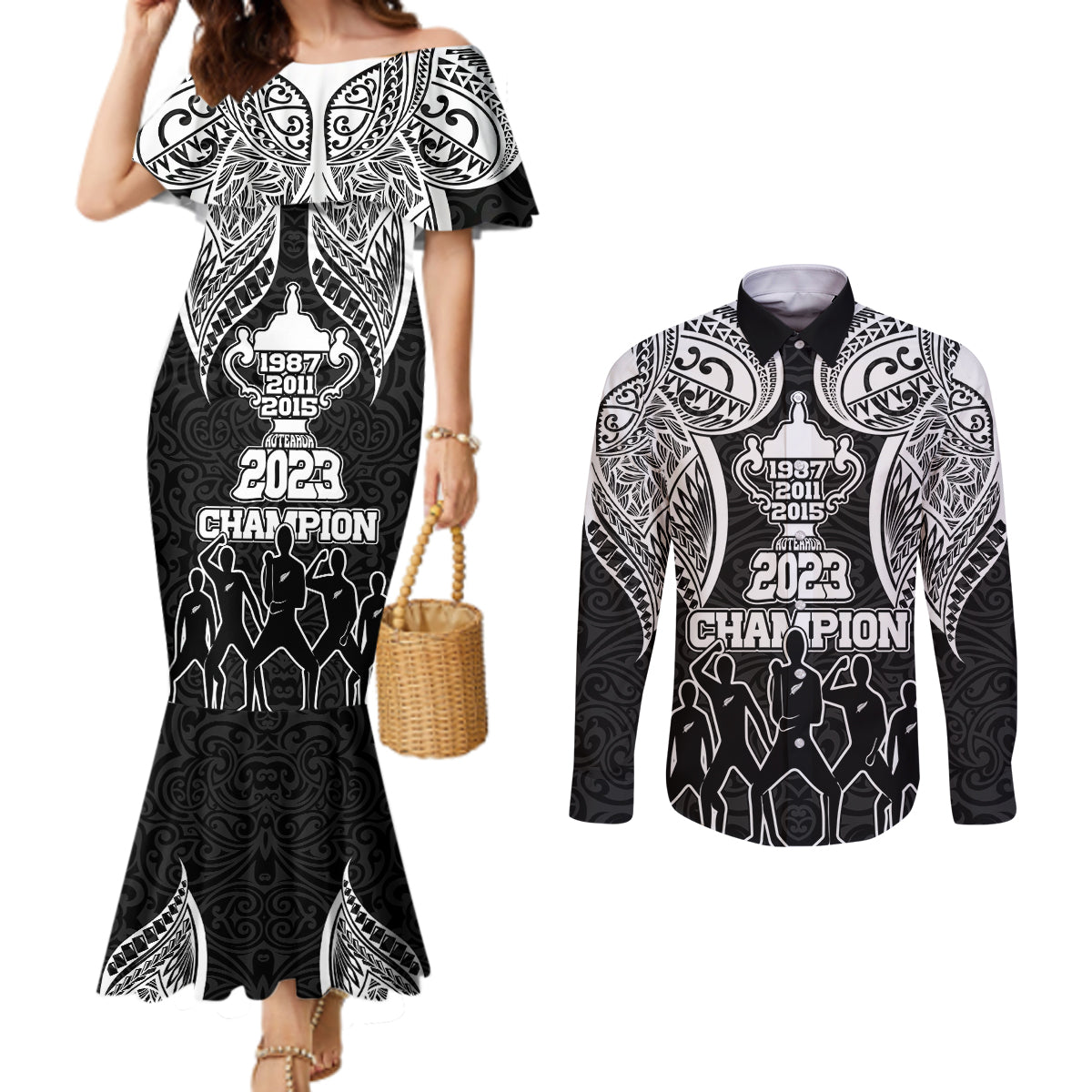 New Zealand Rugby Couples Matching Mermaid Dress and Long Sleeve Button Shirt Aotearoa Champion Cup History with Haka Dance LT03 Black - Polynesian Pride