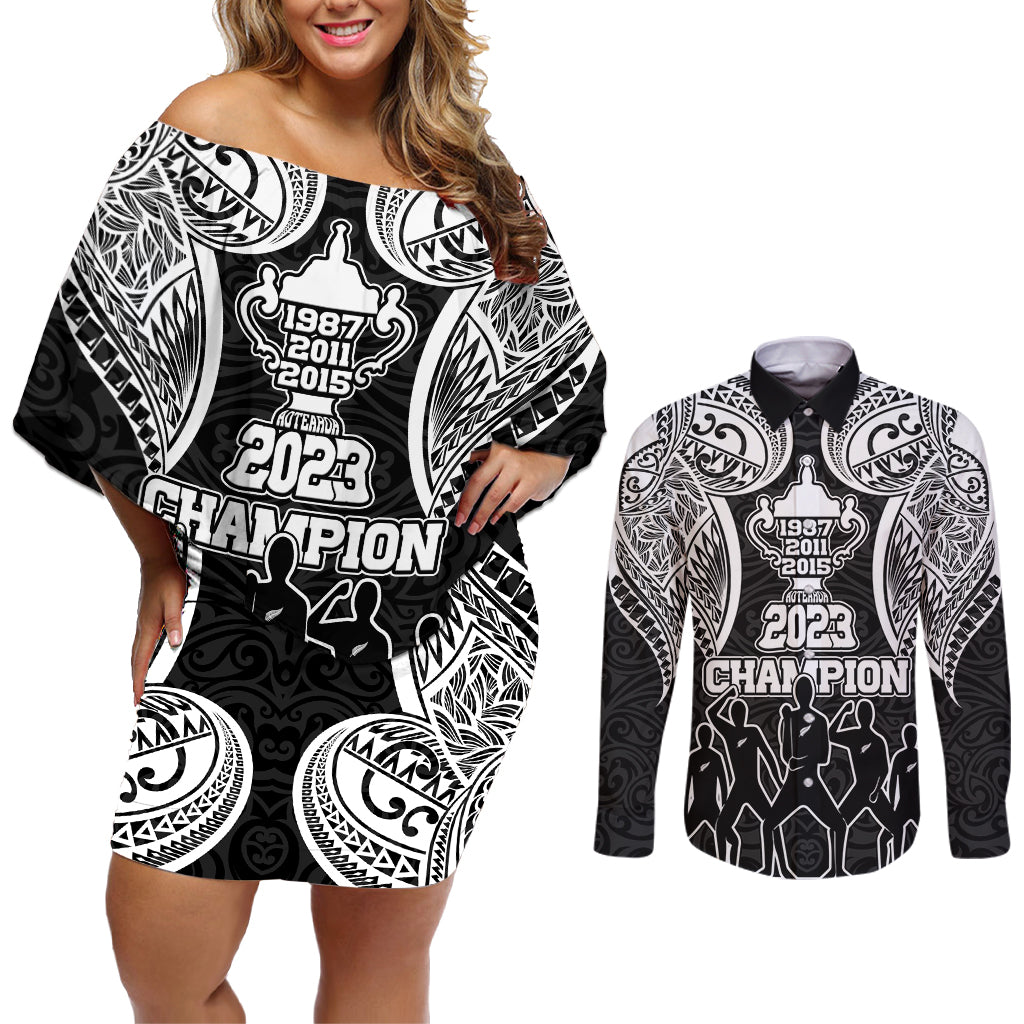 New Zealand Rugby Couples Matching Off Shoulder Short Dress and Long Sleeve Button Shirt Aotearoa Champion Cup History with Haka Dance LT03 Black - Polynesian Pride