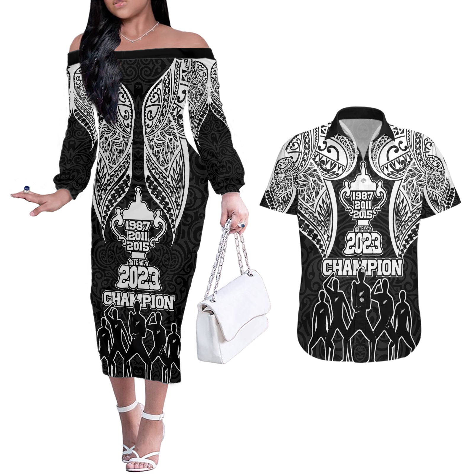 New Zealand Rugby Couples Matching Off The Shoulder Long Sleeve Dress and Hawaiian Shirt Aotearoa Champion Cup History with Haka Dance LT03 Black - Polynesian Pride