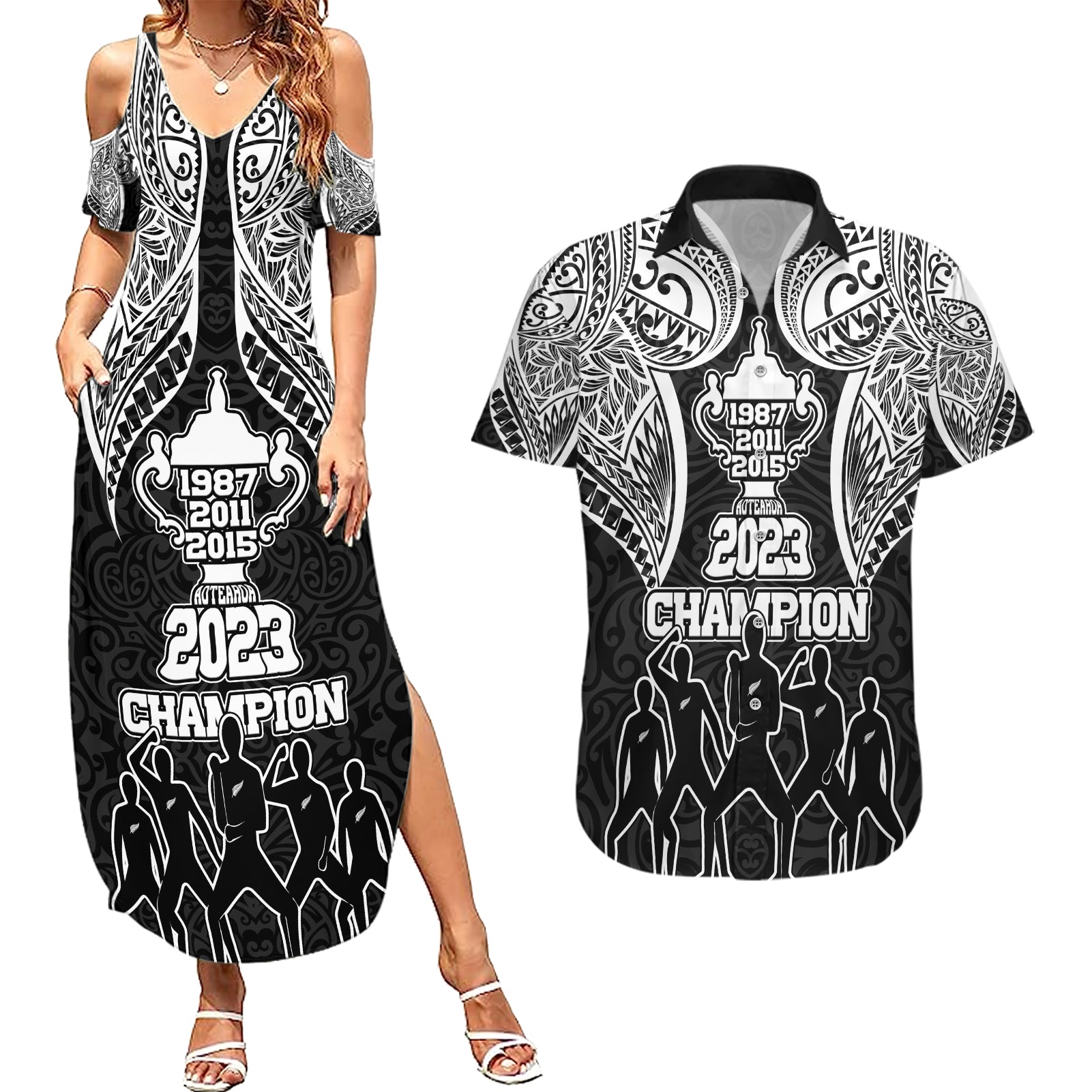 New Zealand Rugby Couples Matching Summer Maxi Dress and Hawaiian Shirt Aotearoa Champion Cup History with Haka Dance LT03 Black - Polynesian Pride