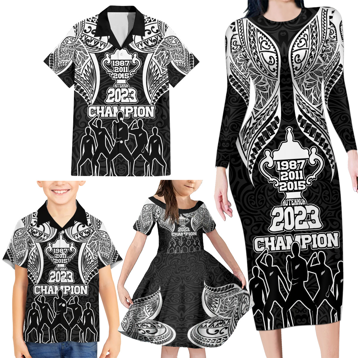 New Zealand Rugby Family Matching Long Sleeve Bodycon Dress and Hawaiian Shirt Aotearoa Champion Cup History with Haka Dance LT03 - Polynesian Pride