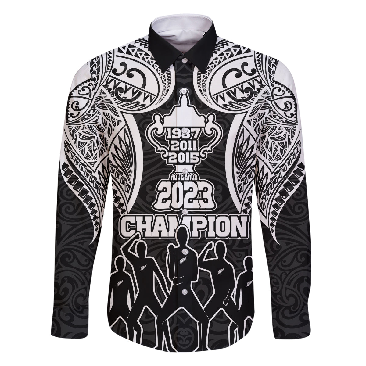 New Zealand Rugby Family Matching Long Sleeve Bodycon Dress and Hawaiian Shirt Aotearoa Champion Cup History with Haka Dance LT03 Dad's Shirt - Long Sleeve Black - Polynesian Pride