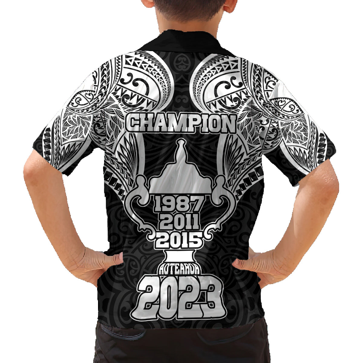 New Zealand Rugby Family Matching Off Shoulder Short Dress and Hawaiian Shirt Aotearoa Champion Cup History with Haka Dance LT03 - Polynesian Pride