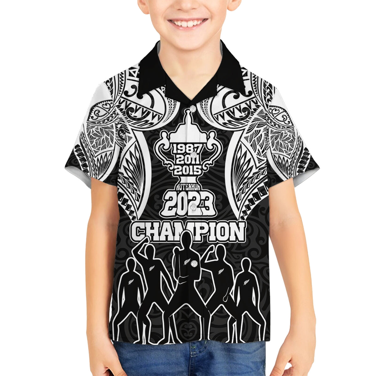 New Zealand Rugby Family Matching Off Shoulder Short Dress and Hawaiian Shirt Aotearoa Champion Cup History with Haka Dance LT03 Son's Shirt Black - Polynesian Pride