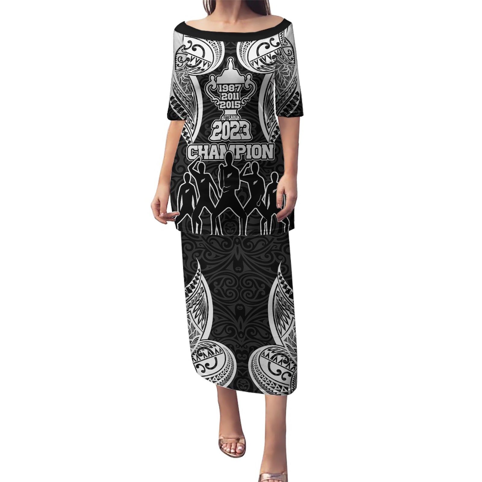 New Zealand Rugby Puletasi Aotearoa Champion Cup History with Haka Dance LT03 Long Dress Black - Polynesian Pride