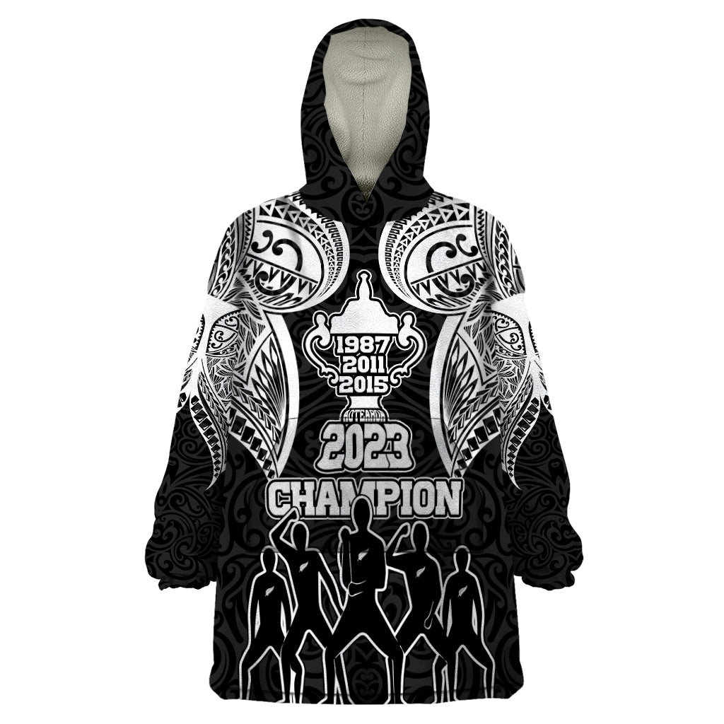 New Zealand Rugby Wearable Blanket Hoodie Aotearoa Champion Cup History with Haka Dance LT03 One Size Black - Polynesian Pride