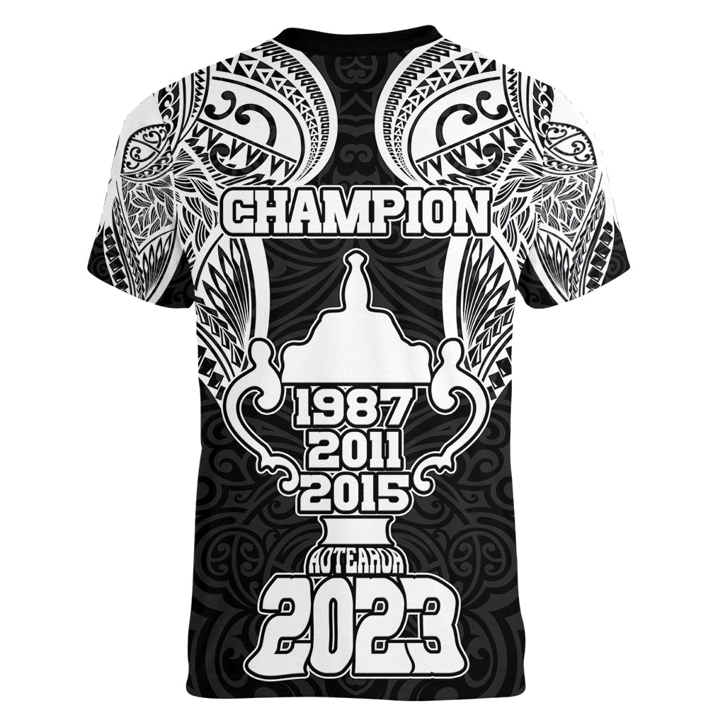 New Zealand Rugby Women V Neck T Shirt Aotearoa Champion Cup History with Haka Dance LT03 - Polynesian Pride