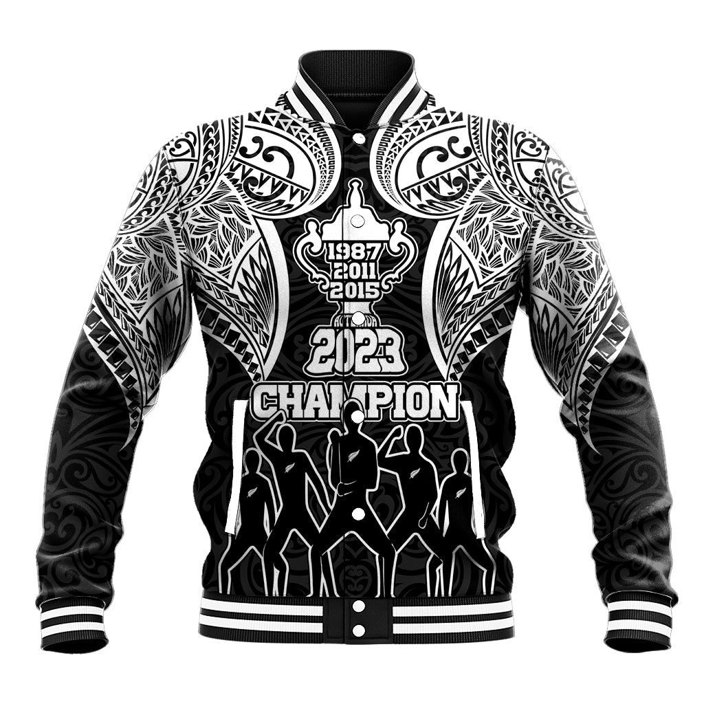 Personalised New Zealand Rugby Baseball Jacket Aotearoa Champion Cup History with Haka Dance LT03 Unisex Black - Polynesian Pride