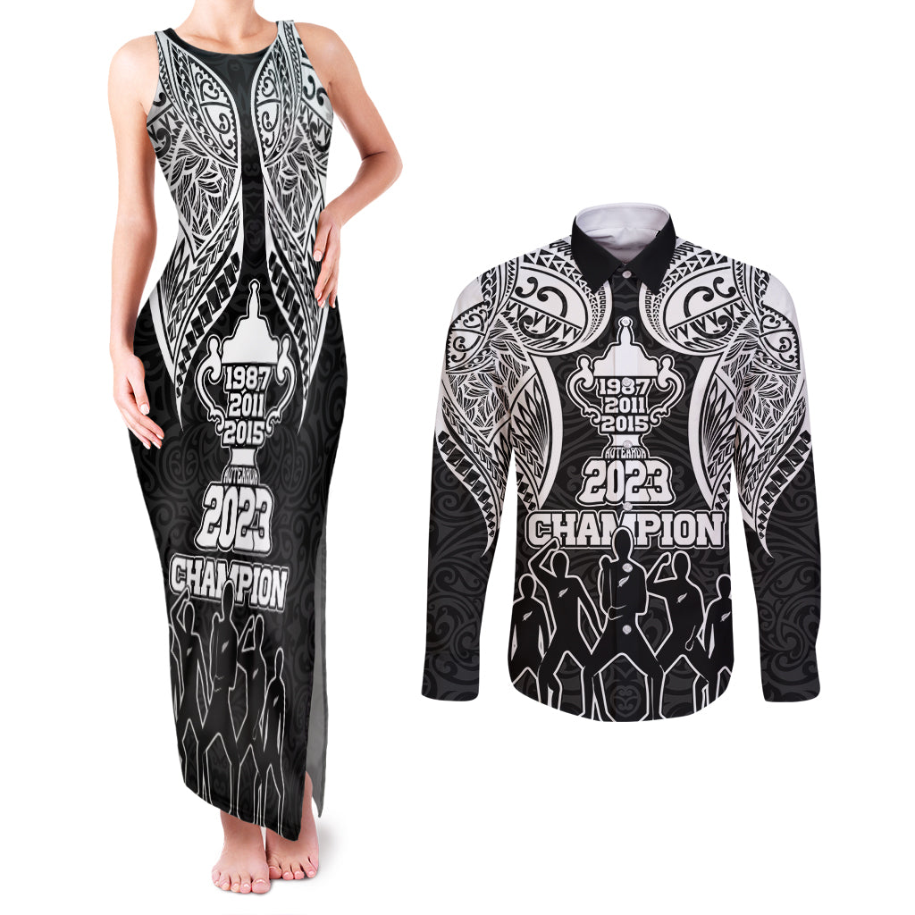 Personalised New Zealand Rugby Couples Matching Tank Maxi Dress and Long Sleeve Button Shirt Aotearoa Champion Cup History with Haka Dance LT03 Black - Polynesian Pride