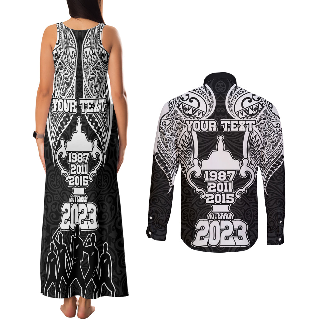 Personalised New Zealand Rugby Couples Matching Tank Maxi Dress and Long Sleeve Button Shirt Aotearoa Champion Cup History with Haka Dance LT03 - Polynesian Pride