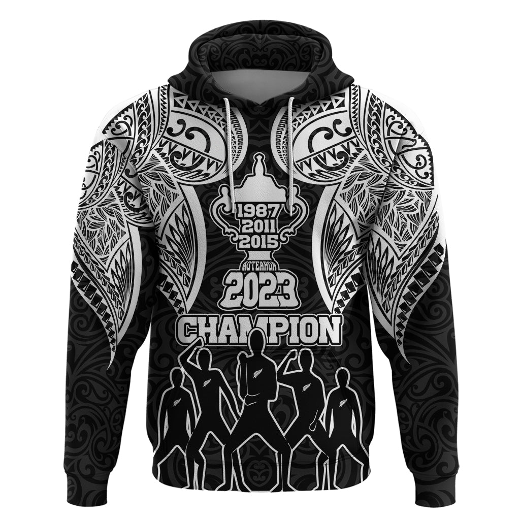 Personalised New Zealand Rugby Hoodie Aotearoa Champion Cup History with Haka Dance LT03 Black - Polynesian Pride