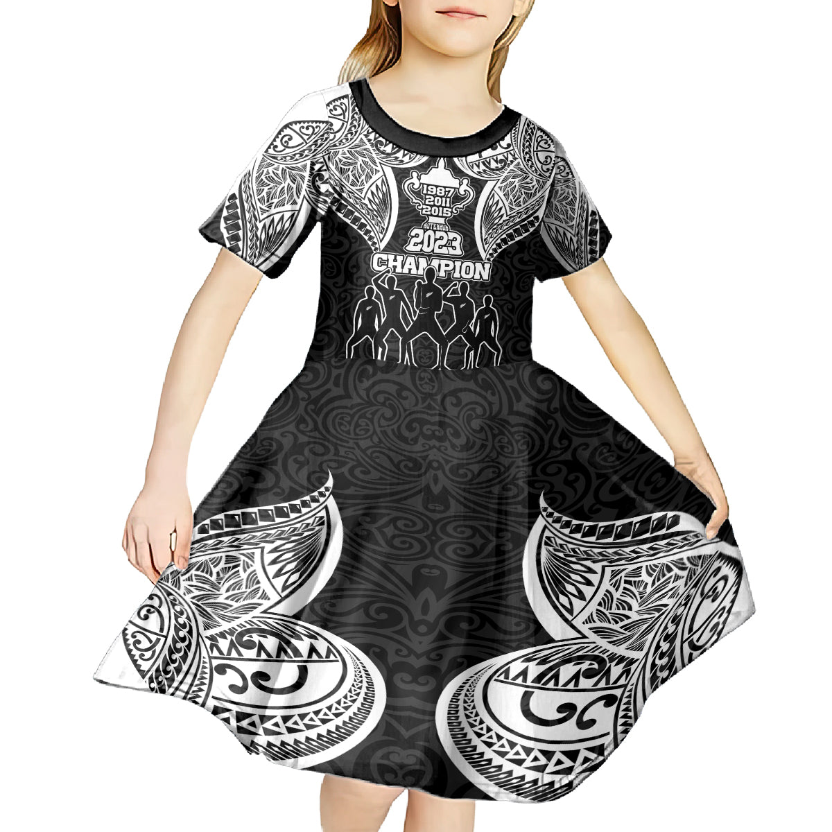 Personalised New Zealand Rugby Kid Short Sleeve Dress Aotearoa Champion Cup History with Haka Dance LT03 - Polynesian Pride