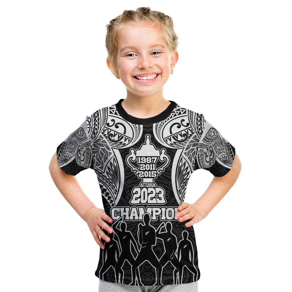 Personalised New Zealand Rugby Kid T Shirt Aotearoa Champion Cup History with Haka Dance LT03 Black - Polynesian Pride