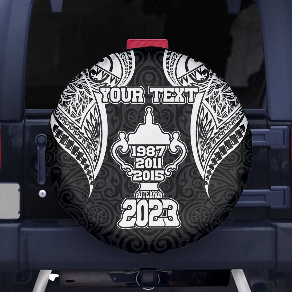 Personalised New Zealand Rugby Spare Tire Cover Aotearoa Champion Cup History with Haka Dance LT03 Black - Polynesian Pride