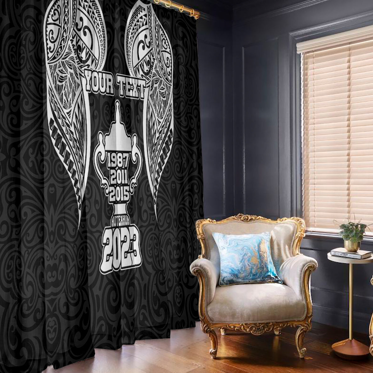 Personalised New Zealand Rugby Window Curtain Aotearoa Champion Cup History with Haka Dance LT03 With Hooks Black - Polynesian Pride