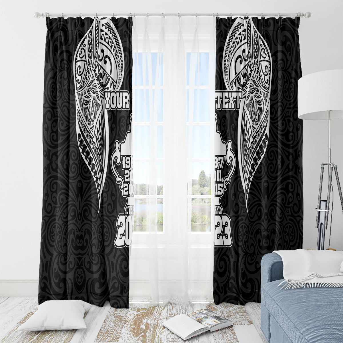 Personalised New Zealand Rugby Window Curtain Aotearoa Champion Cup History with Haka Dance LT03 - Polynesian Pride