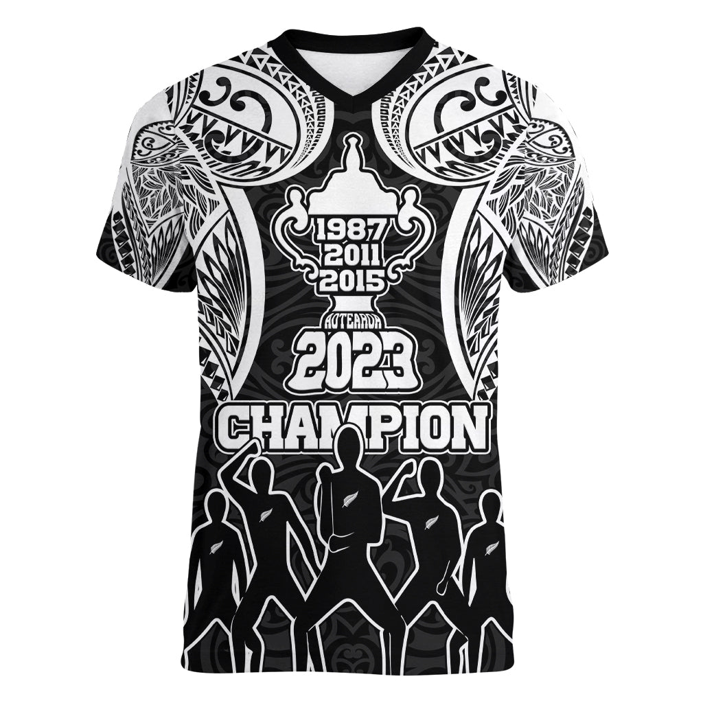 Personalised New Zealand Rugby Women V Neck T Shirt Aotearoa Champion Cup History with Haka Dance LT03 Female Black - Polynesian Pride