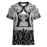 Personalised New Zealand Rugby Women V Neck T Shirt Aotearoa Champion Cup History with Haka Dance LT03 Female Black - Polynesian Pride