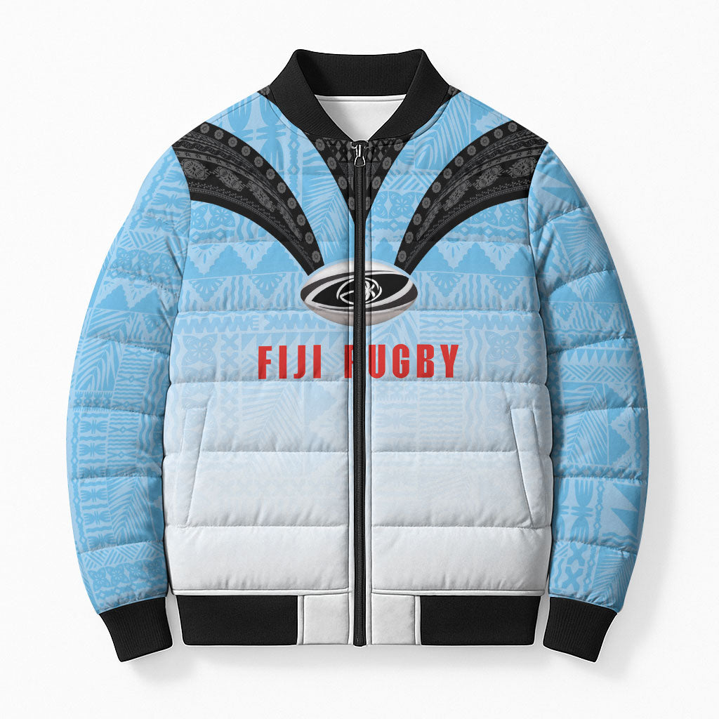 Custom Fijian Rugby Bomber Puffer Jacket Tapa Pattern Retro Sporty Style