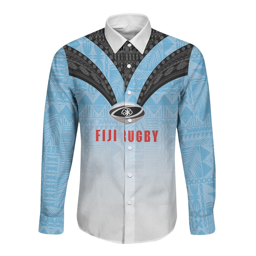 Custom Fijian Rugby Long Sleeve Button Shirt Tapa Pattern Retro Sporty Style