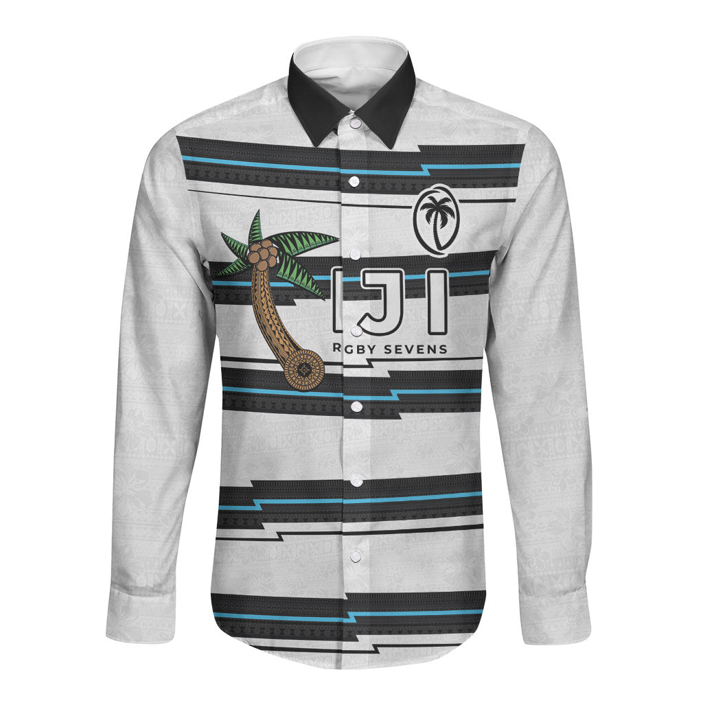 Custom Fijian Rugby Sevens Long Sleeve Button Shirt Masi Tapa Pattern Stripes Sporty Style