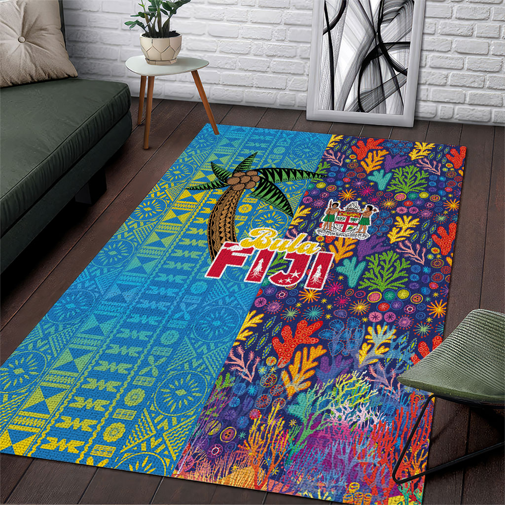 Fijian Coral Reef Area Rug with Traditional Tapa Pattern Split Style