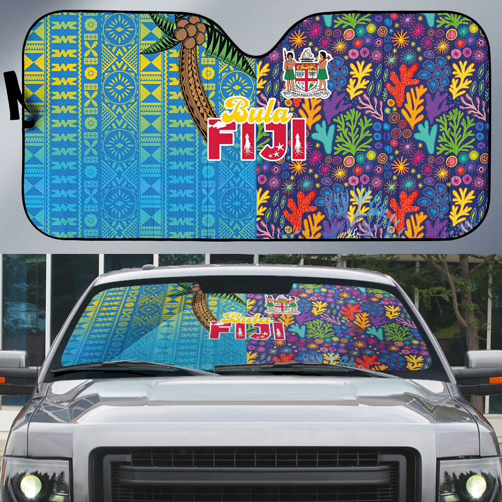 Fijian Coral Reef Auto Sun Shade with Traditional Tapa Pattern Split Style