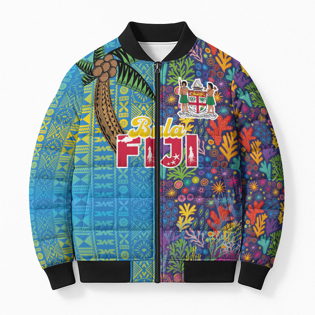 Personalised Fijian Coral Reef Bomber Puffer Jacket with Traditional Tapa Pattern Split Style