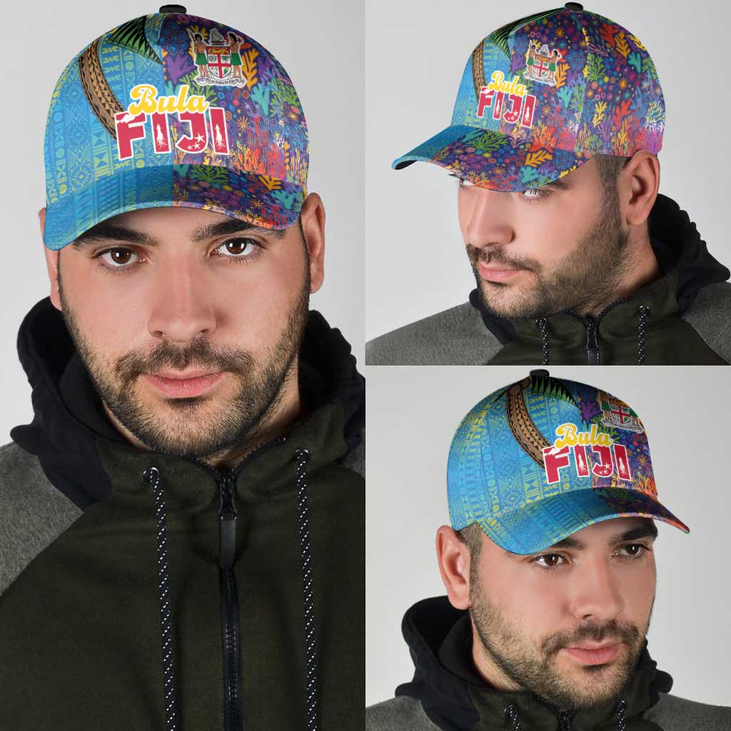 Fijian Coral Reef Classic Cap with Traditional Tapa Pattern Split Style LT03 - Polynesian Pride