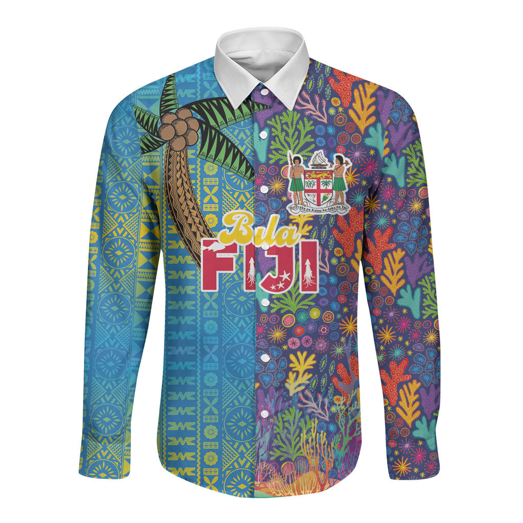 Personalised Fijian Coral Reef Long Sleeve Button Shirt with Traditional Tapa Pattern Split Style