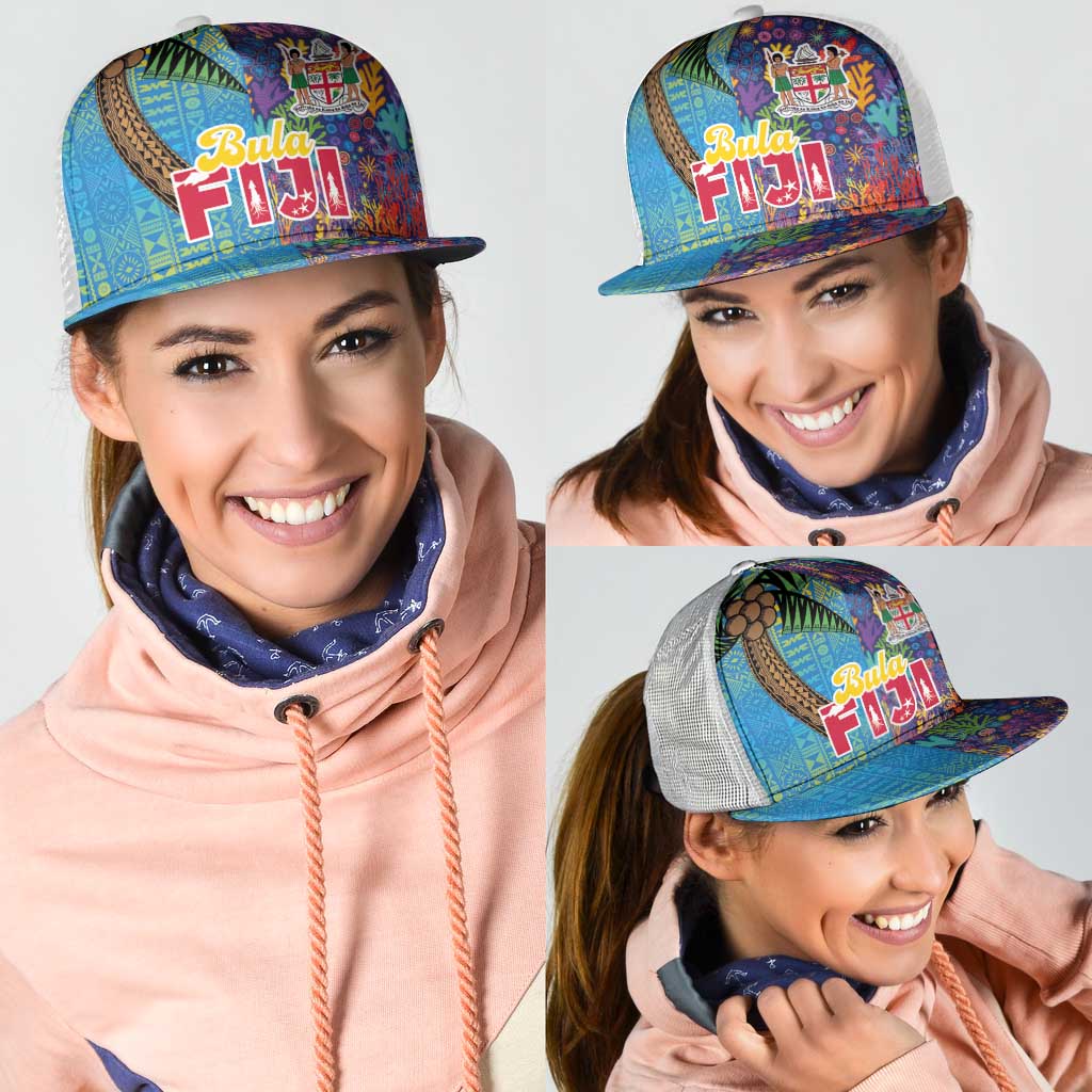 Fijian Coral Reef Mesh Trucker Cap with Traditional Tapa Pattern Split Style LT03 - Polynesian Pride